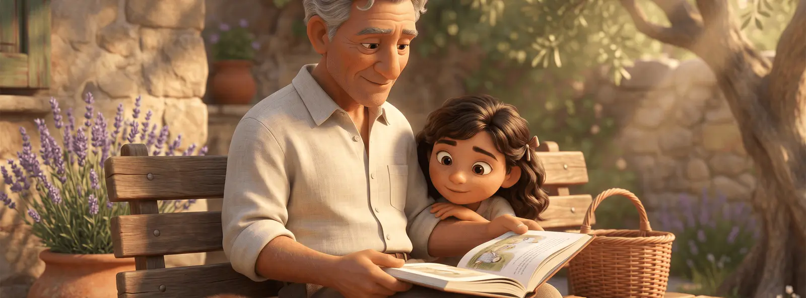 Grand-père méditerranéen aux cheveux gris ondulés assis sur un banc de jardin avec sa petite-fille de 7 ans, lui lisant un livre illustré sous un olivier