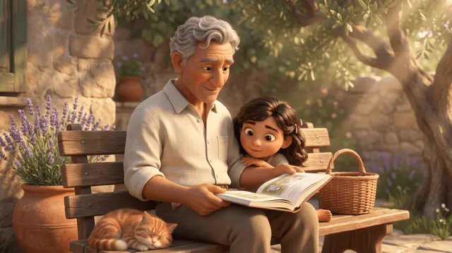 Grand-père méditerranéen aux cheveux gris ondulés assis sur un banc de jardin avec sa petite-fille de 7 ans, lui lisant un livre illustré sous un olivier