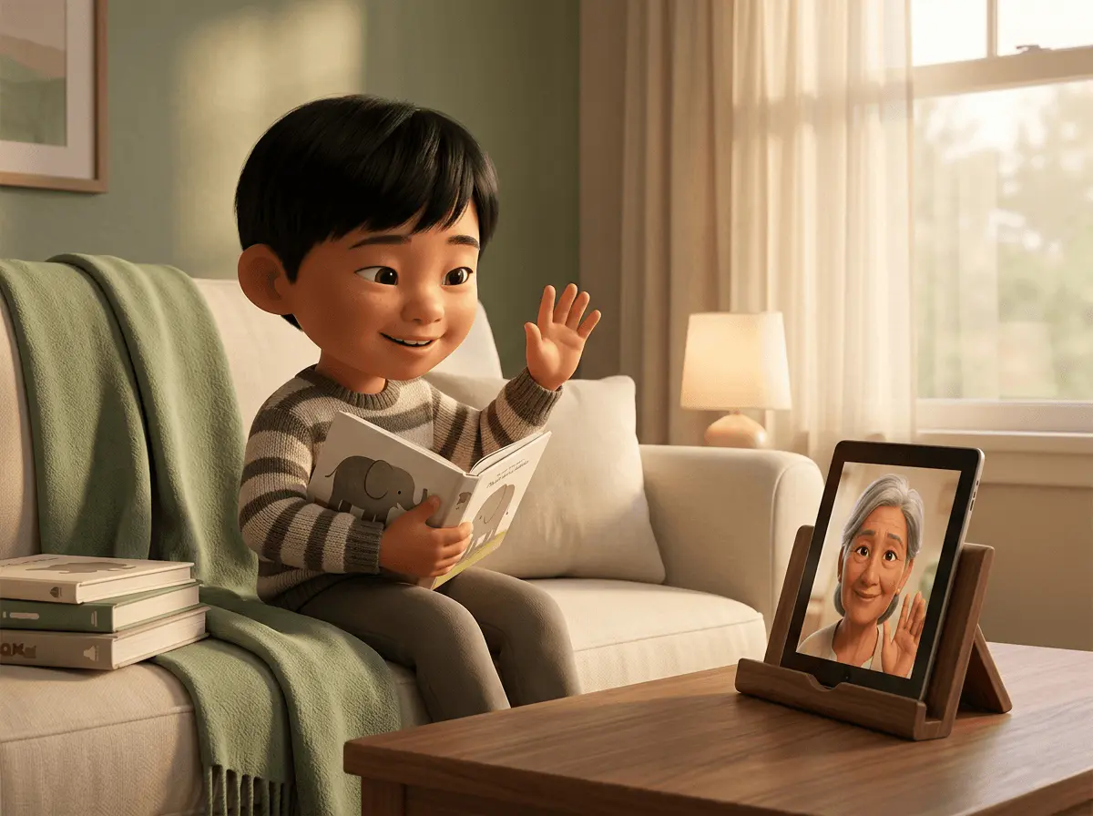 Petit garçon de 6 ans aux cheveux noirs assis sur un canapé devant une tablette montrant le visage d'une grand-mère asiatique, livre illustré contre la poitrine