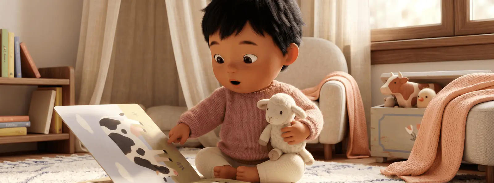 Bébé asiatique de 18 mois assis sur un tapis crème, tenant un mouton en peluche dans une main et pointant un imagier de ferme ouvert