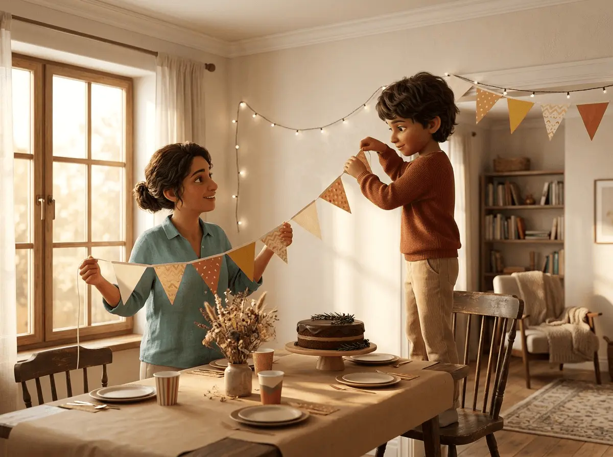 Petit garçon de 7 ans aux cheveux bruns ondulés et peau olive maghrébine, debout sur une chaise, accrochant une guirlande en papier au-dessus d'une table d'anniversaire, son parent à la peau olive tenant l'autre extrémité