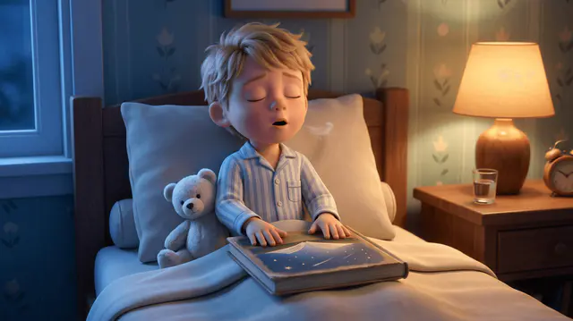 Petit garçon blond de 4 ans en pyjama rayé bleu pâle, assis dans son lit, vient de refermer un grand livre cartonné posé sur ses genoux, les yeux fermés, expirant un soupir apaisé, son nounours blanc sous le bras et lampe ambrée à côté