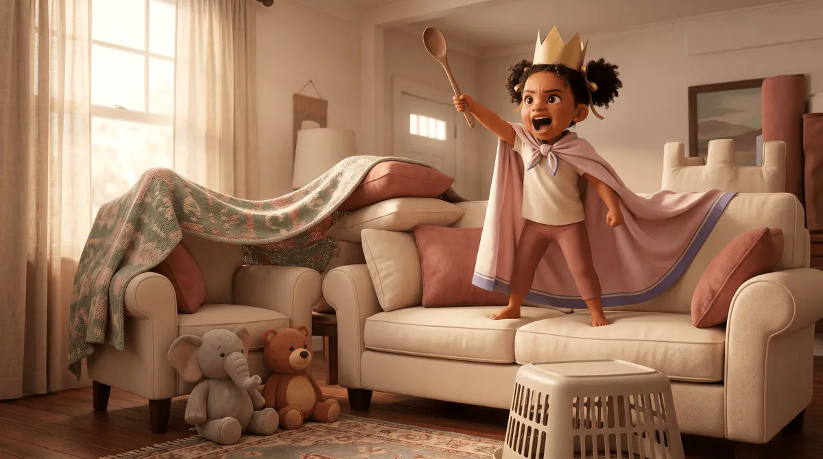 Fillette métisse afro-européenne de 5 ans en couronne dorée et cape rose, brandit une cuillère en bois comme baguette magique sur un canapé transformé en château imaginaire