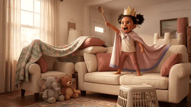 Fillette métisse afro-européenne de 5 ans en couronne dorée et cape rose, brandit une cuillère en bois comme baguette magique sur un canapé transformé en château imaginaire