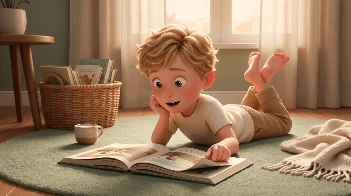 Garçon blond de 6 ans à plat ventre sur un tapis sage, livre illustré ouvert devant lui, doigt prêt à tourner la page, expression d'anticipation totale