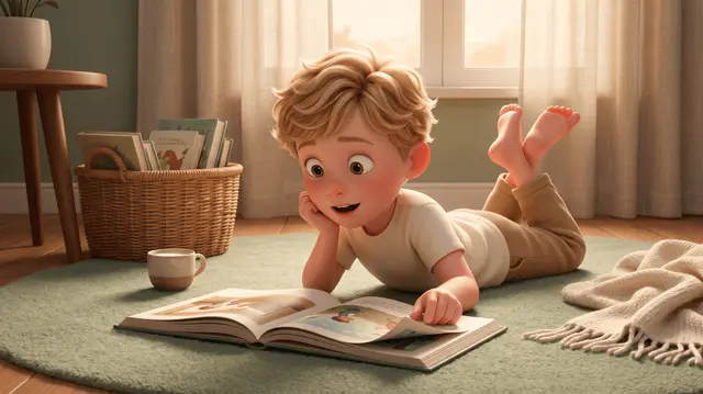 Garçon blond de 6 ans à plat ventre sur un tapis sage, livre illustré ouvert devant lui, doigt prêt à tourner la page, expression d'anticipation totale