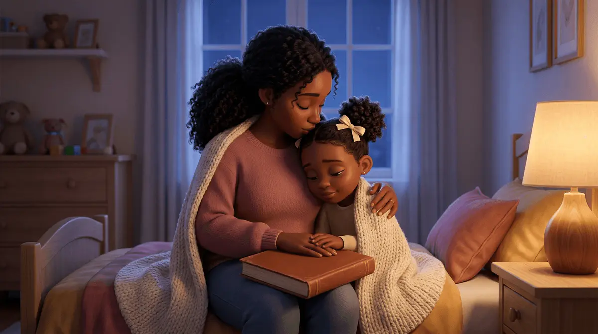 Maman afro berce sa fille de 4 ans aux cheveux en deux puffs sur le lit, livre fermé entre elles, lampe de chevet ambrée, soulagement après la fin heureuse
