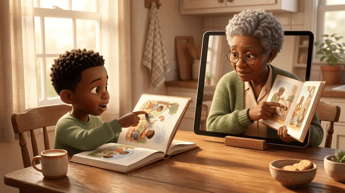 Petit garçon afro de 4 ans à la table de cuisine pointe une image dans son livre, sa grand-mère afro lit le même livre à distance sur une tablette en visio