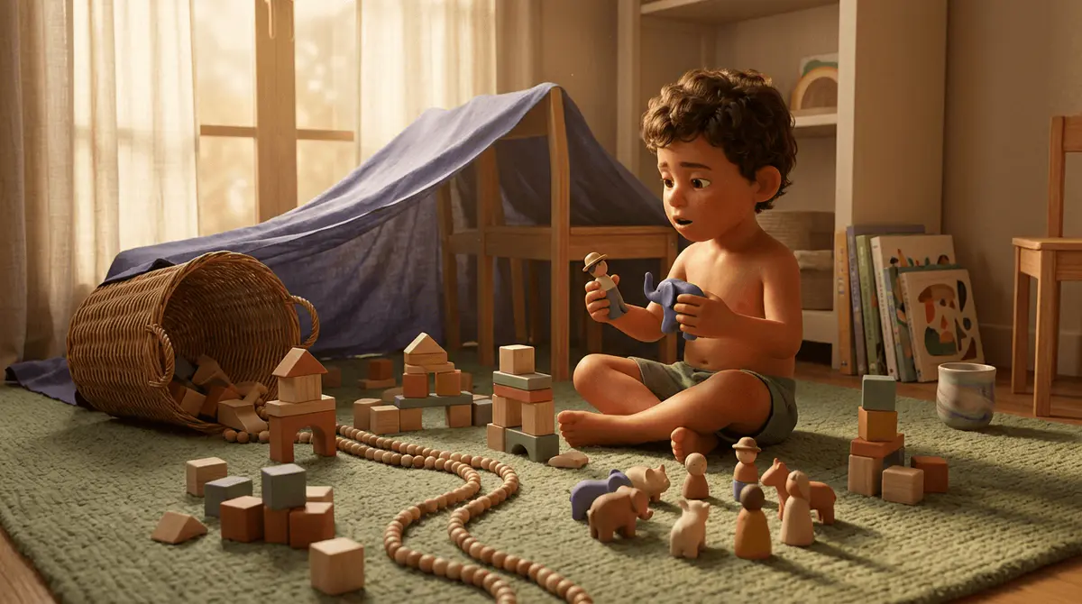 Vue de haut, petit garçon de 4 ans aux cheveux foncés, peau warm beige, assis sur un tapis sage, entouré de cubes en bois, figurines en pâte à modeler et un drap en tente, joue les dialogues