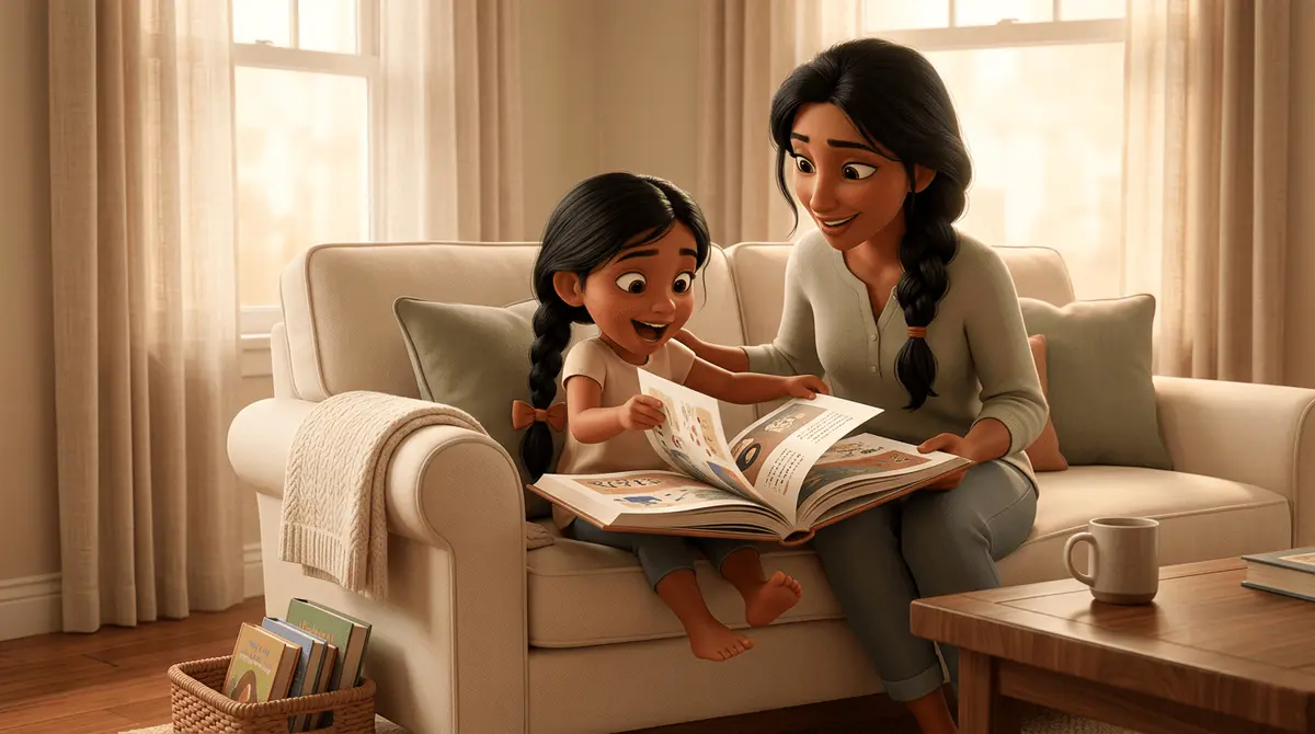 Petite fille de 5 ans aux cheveux noirs en deux tresses, peau brune chaude, tourne vivement la page d'un livre sur le canapé, sa maman l'observe avec un sourire complice