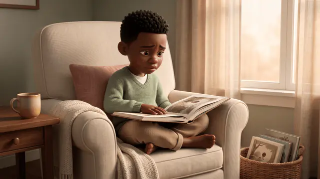 Petit garçon afro de 7 ans, peau brune, cheveux noirs courts, recroquevillé dans un grand fauteuil cream, livre ouvert sur les genoux, larme naissante sur la joue