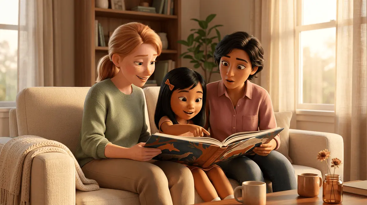 Famille homoparentale de deux mamans avec leur fille adoptée d'origine est-asiatique, sur un canapé cream, toutes les trois penchées sur le même livre illustré