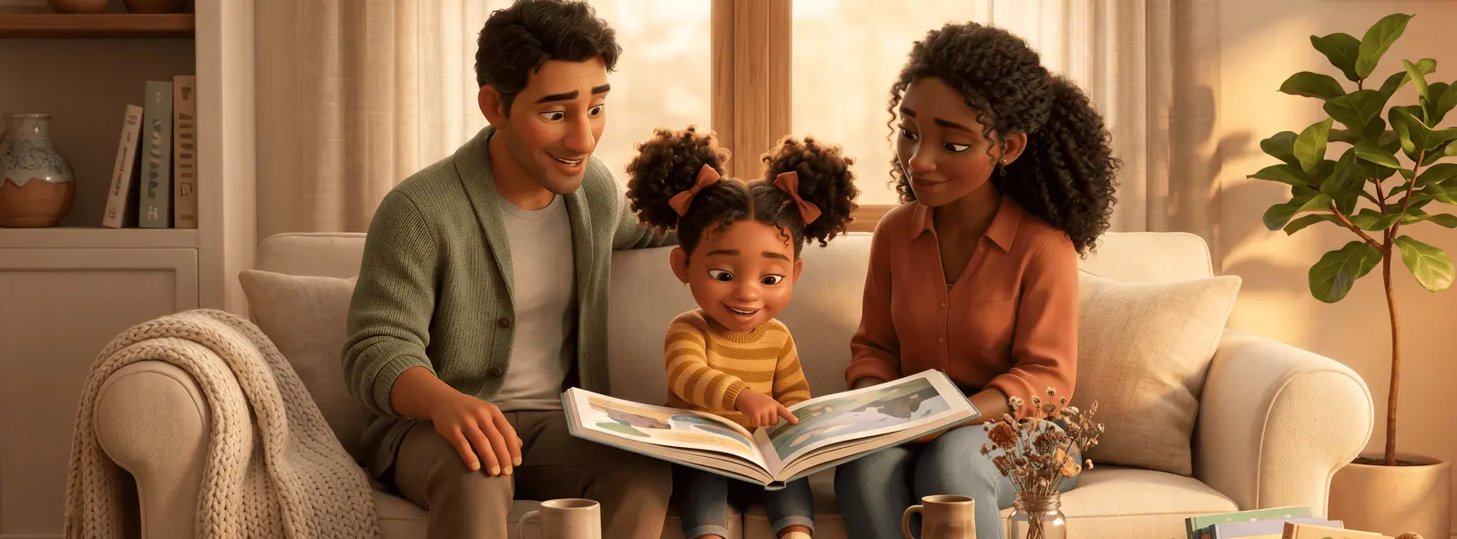 Famille mixte (papa peau warm beige, maman afro) lit un livre illustré à sa fille unique métisse de 4 ans aux cheveux bouclés noirs, sur un canapé cream du salon