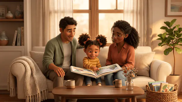 Famille mixte (papa peau warm beige, maman afro) lit un livre illustré à sa fille unique métisse de 4 ans aux cheveux bouclés noirs, sur un canapé cream du salon