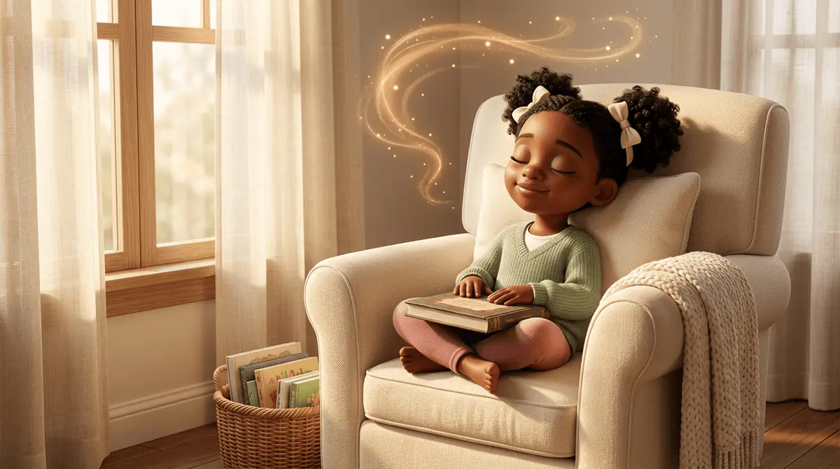 Petite fille afro de 5 ans aux cheveux en deux puffs, recroquevillée dans un grand fauteuil cream près d'une fenêtre, livre fermé sur les genoux, yeux fermés et sourire rêveur