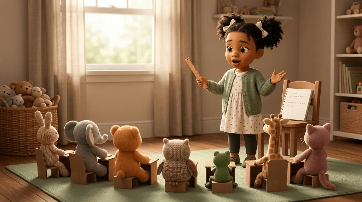 Petite fille métisse de 5 ans aux cheveux noirs bouclés en deux puffs, debout fière devant une rangée de sept peluches alignées comme une classe, règle en bois en main, en pleine explication