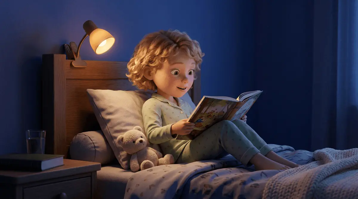 Petite fille blonde de 6 ans avec taches de rousseur, calée sur ses oreillers le soir dans son lit, livre illustré ouvert dans les mains, lampe de lecture ambrée à pince fixée à la tête de lit