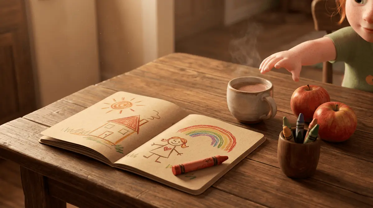 Nature morte sur une table en bois noyer : petit carnet kraft ouvert avec dessins enfantins au crayon (soleil, maison, bonhomme), mug de cacao fumant, deux pommes rouges, gobelet de crayons