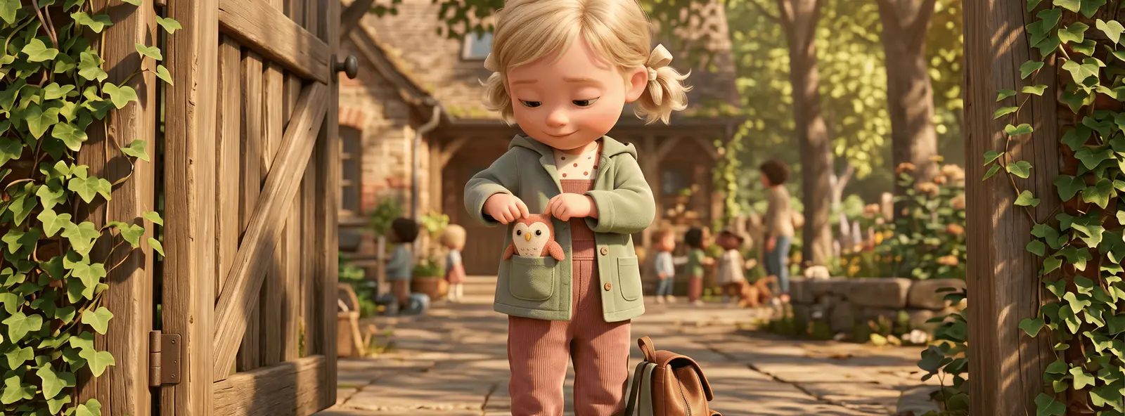 Petite fille blonde de 3 ans aux cheveux en deux couettes basses, au portail d'une maternelle un matin de fin d'été, touche une petite chouette en feutrine cousue dans la poche de son blouson sage, sourire calme, petit sac à dos posé à ses pieds