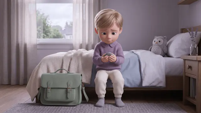 Petit garçon de 5 ans assis au bord de son lit, tenant un petit galet lisse dans ses mains, un cartable posé au sol à côté de lui