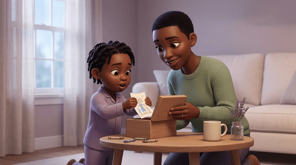 Un parent agenouillé et son enfant de 4 ans glissent ensemble un petit papier dessiné dans une boîte à soucis en bois posée sur une table basse