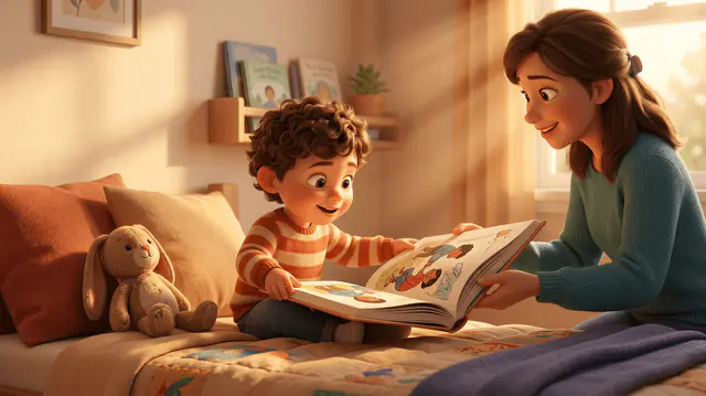 Petit garçon de 3 ans assis dans son lit, découvrant un livre illustré tenu par sa marraine