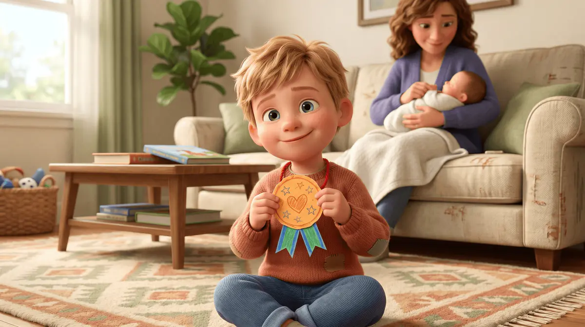 Petit garçon blond de 4 ans assis sur un tapis, brandissant fièrement une médaille de grand frère en papier autour de son cou, un parent berçant un nouveau-né en arrière-plan flou