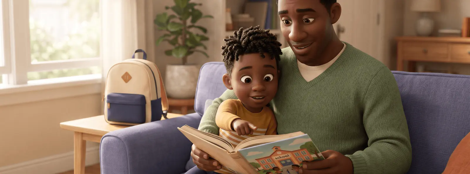 Un parent à la peau brune lit un livre illustré sur l'école à son enfant de 4 ans aux cheveux crépus, blotti contre lui et pointant une page, un cartable neuf en arrière-plan