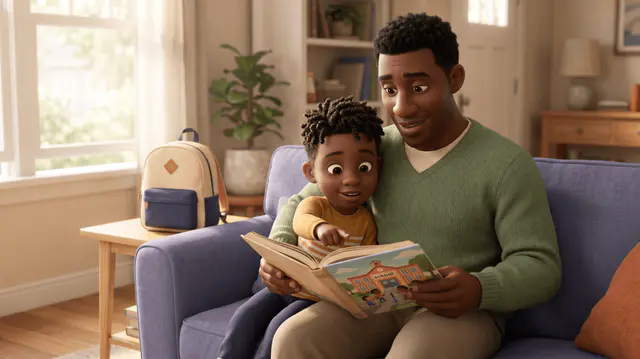 Un parent à la peau brune lit un livre illustré sur l'école à son enfant de 4 ans aux cheveux crépus, blotti contre lui et pointant une page, un cartable neuf en arrière-plan