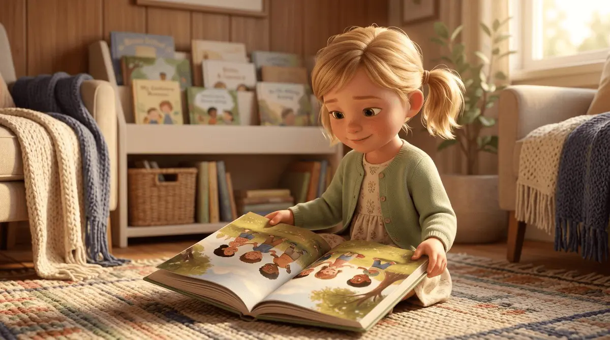 Petite fille blonde de 4 ans lisant un livre illustré dont les pages montrent des enfants qui jouent ensemble