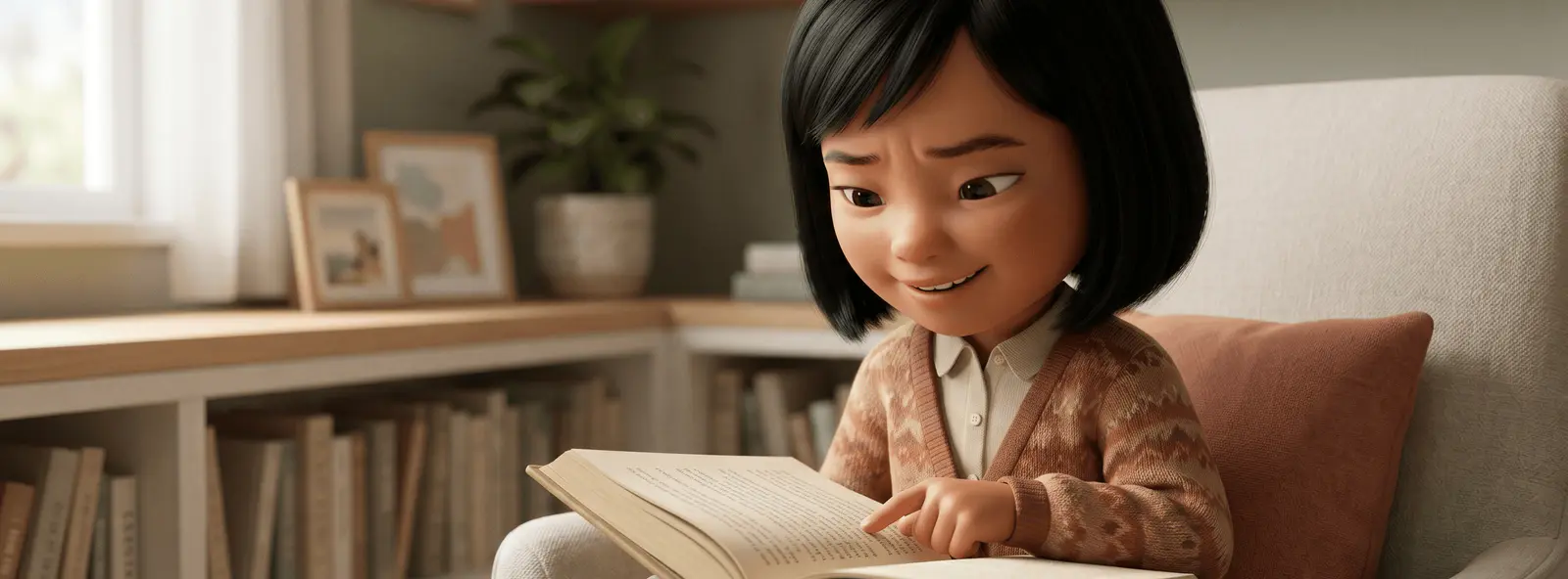 Petite fille asiatique de 6 ans aux cheveux noirs au carré, lisant seule son premier roman, un doigt suivant la ligne, concentrée et souriante
