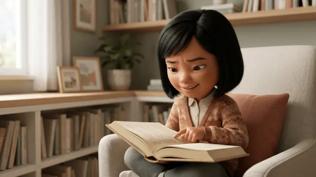 Petite fille asiatique de 6 ans aux cheveux noirs au carré, lisant seule son premier roman, un doigt suivant la ligne, concentrée et souriante