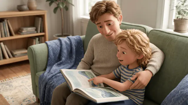 Un parent à la peau claire et son enfant blond de 6 ans assis sur un canapé partagent un livre ouvert, l'enfant lisant une ligne le doigt sur la page, le parent écoutant prêt à prendre le relais