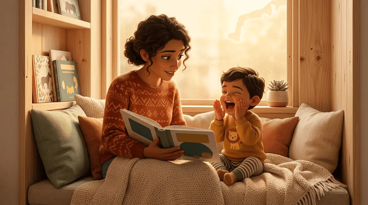 Tout-petit de 3 ans à la peau olive qui clame joyeusement le dernier mot d'une phrase pendant qu'un parent lit un livre cartonné