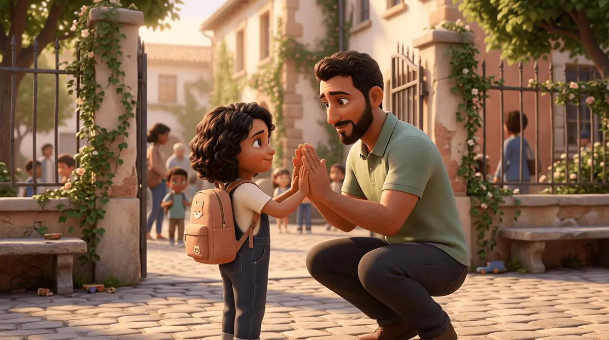 Un parent à la peau olive accroupi fait un petit rituel d'au revoir avec son enfant de 4 ans au portail de l'école, paumes jointes en signe secret, tous deux calmes et souriants