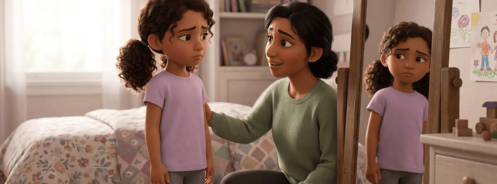 Petite fille de 6 ans à la peau olive et aux cheveux foncés ondulés, un peu maussade devant le miroir de sa chambre, son parent agenouillé à côté d'elle, une main dans son dos, l'écoutant avec bienveillance