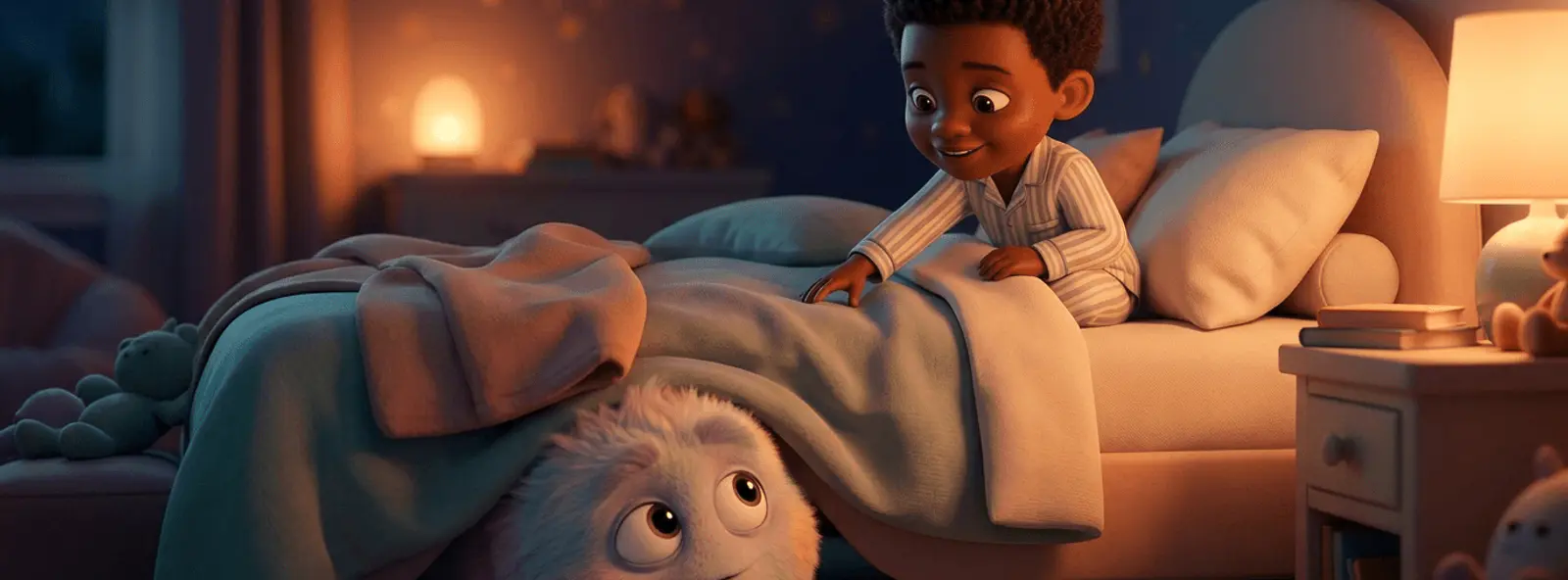 Enfant de 5 ans aux cheveux afro assis sur son lit le soir, souriant et tendant la main à un gros monstre doux et timide caché sous le lit