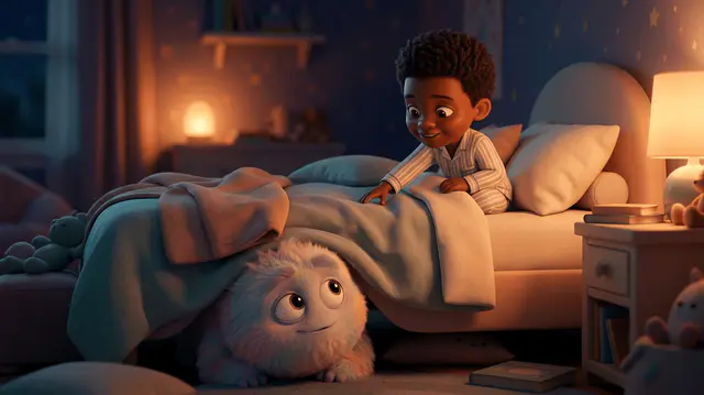 Enfant de 5 ans aux cheveux afro assis sur son lit le soir, souriant et tendant la main à un gros monstre doux et timide caché sous le lit