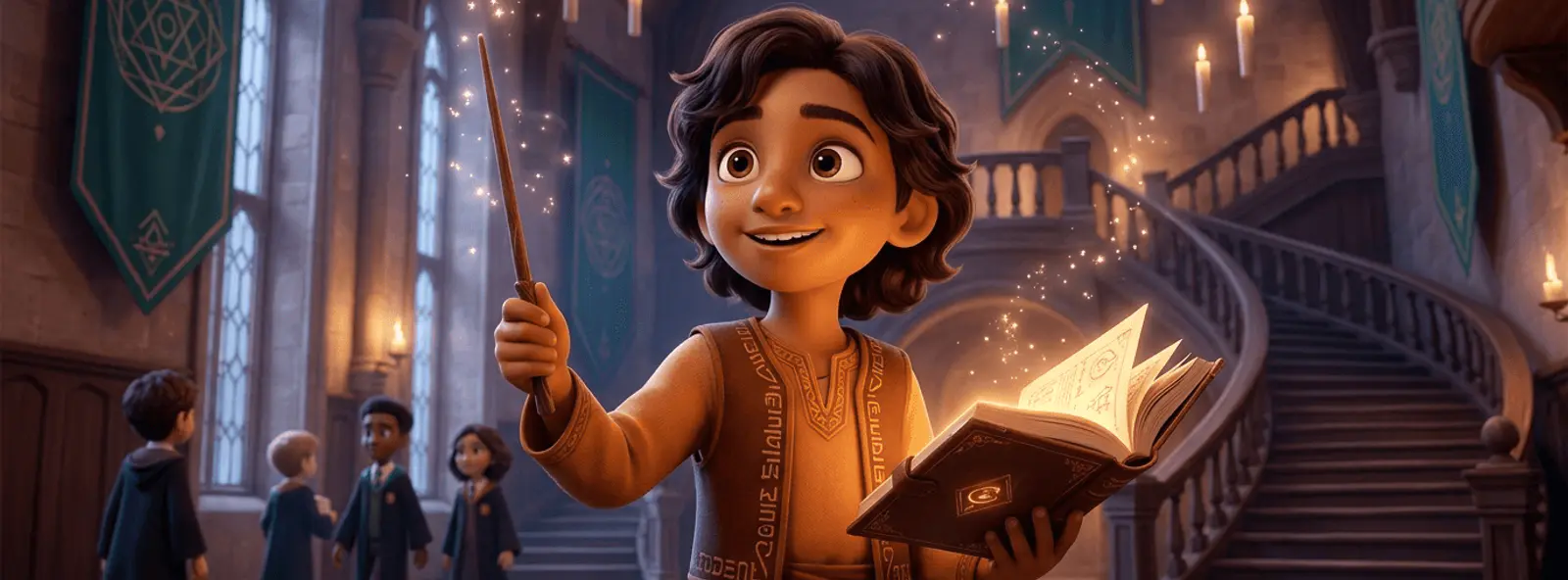 Enfant de 8 ans aux cheveux bruns ondulés, émerveillé, debout dans un grand hall d'école de magie, tenant un grimoire lumineux ouvert et une baguette en bois, bougies flottantes autour