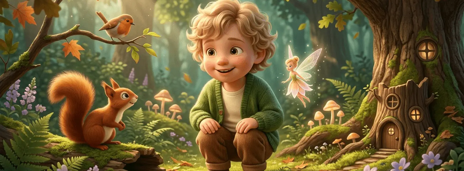 Enfant de 4 ans aux cheveux blonds accroupi dans une clairière de forêt enchantée ensoleillée, entouré d'un écureuil, d'un oiseau et d'une petite fée lumineuse