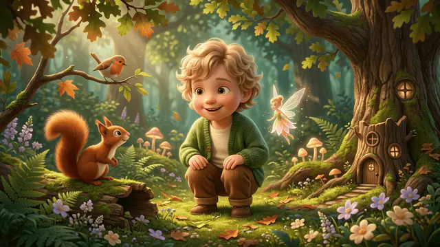 Enfant de 4 ans aux cheveux blonds accroupi dans une clairière de forêt enchantée ensoleillée, entouré d'un écureuil, d'un oiseau et d'une petite fée lumineuse