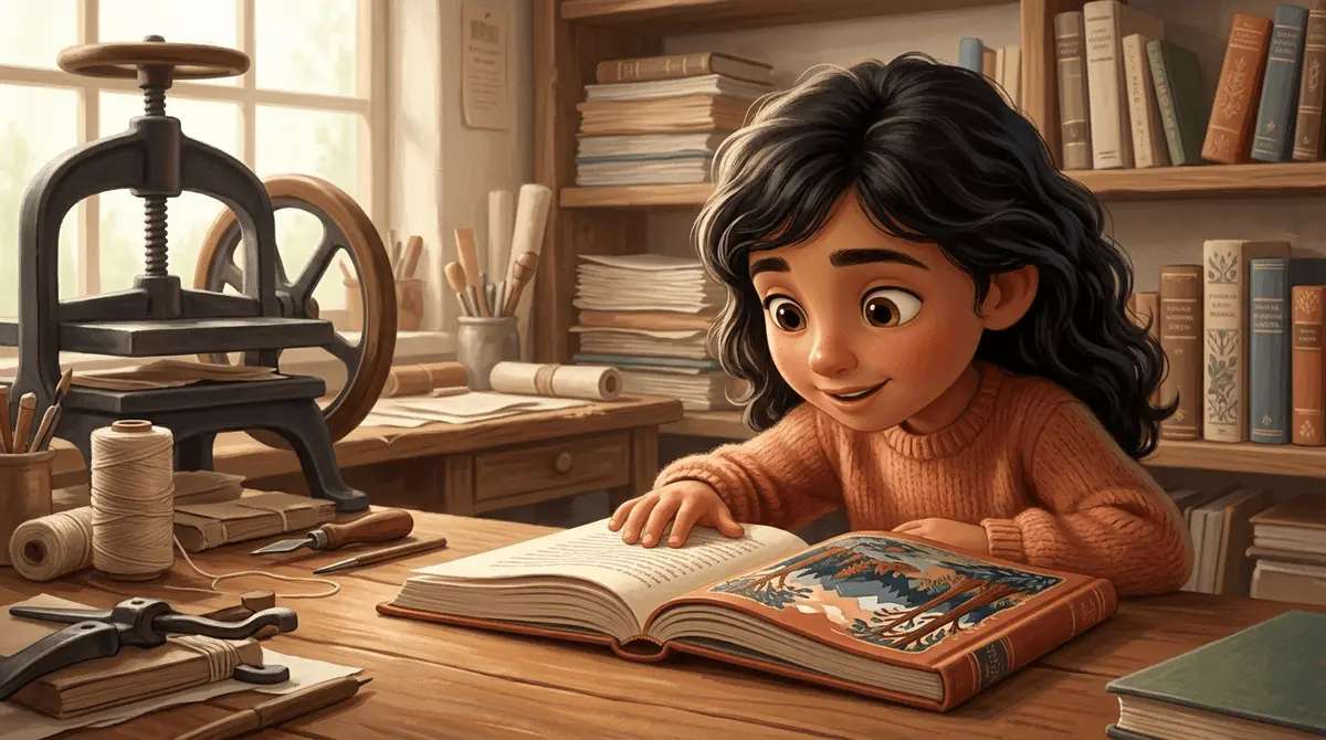 Enfant de 7 ans aux cheveux bruns ondulés passant les doigts sur les pages épaisses d'un livre relié neuf, dans un atelier d'impression artisanal chaleureux