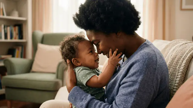 Parent aux cheveux afro tenant tendrement son bébé contre lui, fronts presque collés, le bébé tendant la main vers le visage du parent dans un échange de confiance