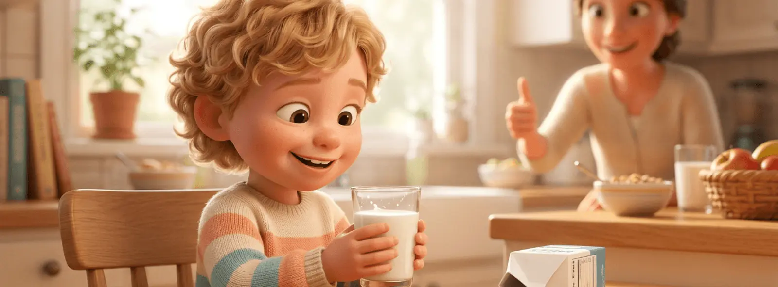 Enfant blond de 4 ans rayonnant de fierté après avoir versé seul son verre de lait à la table de la cuisine, un parent encourageant en arrière-plan