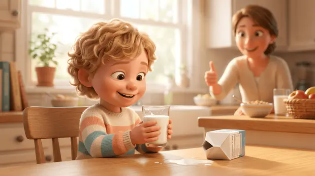Enfant blond de 4 ans rayonnant de fierté après avoir versé seul son verre de lait à la table de la cuisine, un parent encourageant en arrière-plan