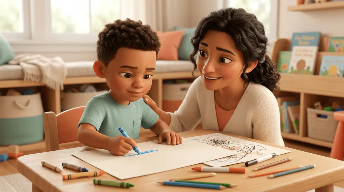 Enfant qui recommence un dessin avec entrain, encouragé par son parent