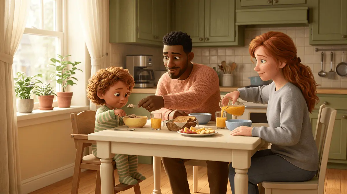 Enfant qui suit la séquence du petit-déjeuner avec ses parents dans une cuisine ordonnée
