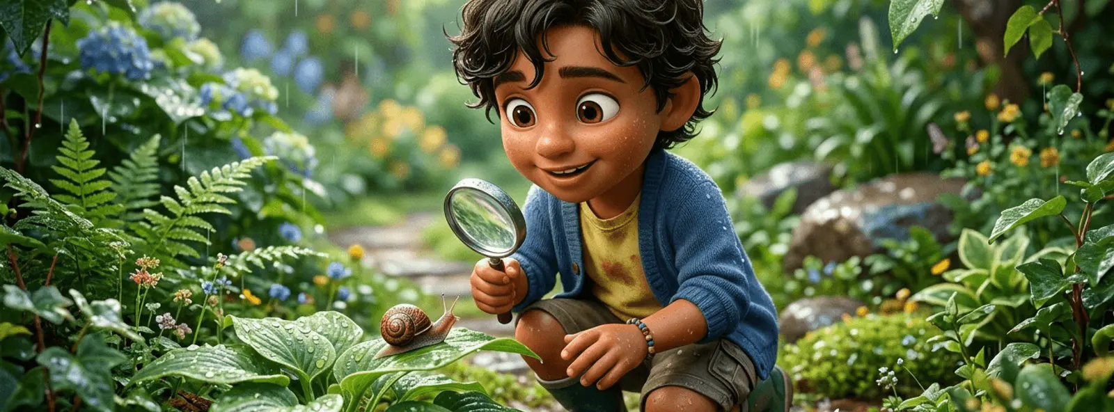 Enfant de 5 ans aux cheveux bruns ondulés accroupi dans un jardin après la pluie, observant avec fascination un escargot sur une feuille à travers une petite loupe