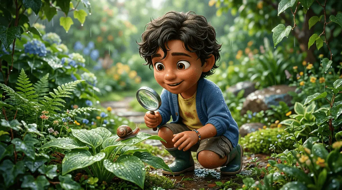 Enfant de 5 ans aux cheveux bruns ondulés accroupi dans un jardin après la pluie, observant avec fascination un escargot sur une feuille à travers une petite loupe