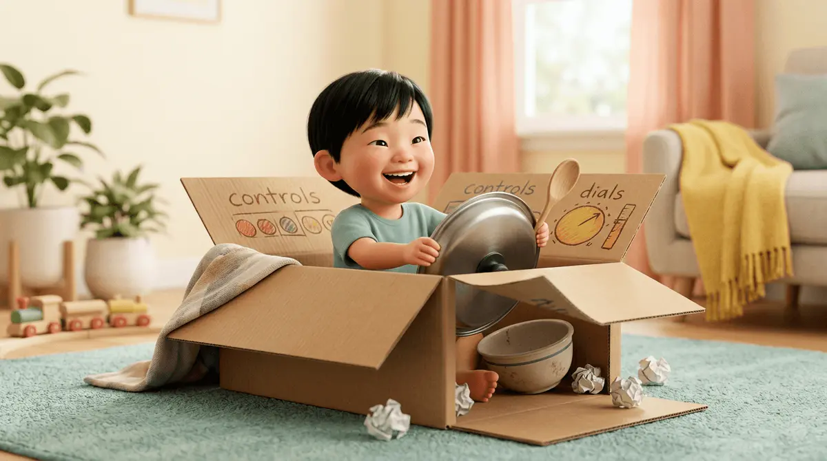 Enfant qui transforme un simple carton en vaisseau spatial imaginaire
